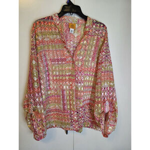 Ruby Rd Size 20W Plus Size Button Down Long Sleeve Sheer Women’s Aztec Top
